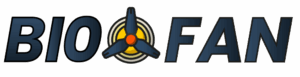 Logotipo de Bio-Fan con hélice central y letras en azul oscuro