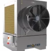 Enfriador evaporativo industrial estacionario BioFan en color gris metálico con panel de celulosa lateral y potente ventilador axial.